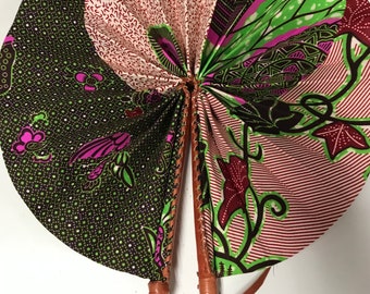 Ankara African fan, African made fan from Ghana, Ankara print African fan, Pink And Green