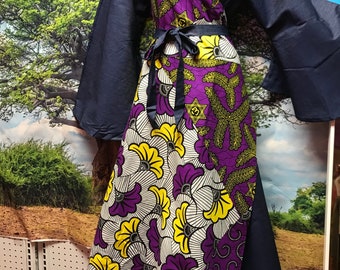 Ankara Print And Denim African Wrap around dress,  Ankara dress, One size African wrap dress Fits up to 2X