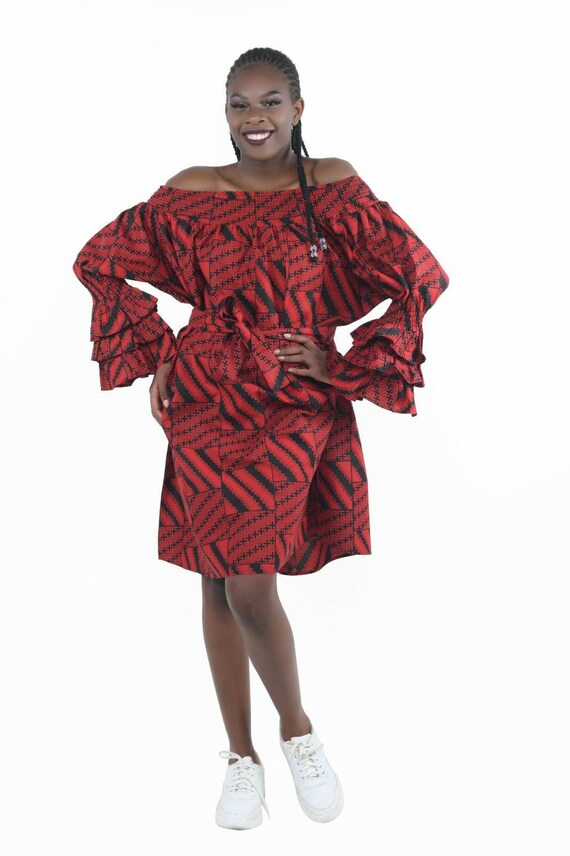 Freesize size African dress with ruffled sleeves Women’s freesize dress Freesize Red African dress knee length dress