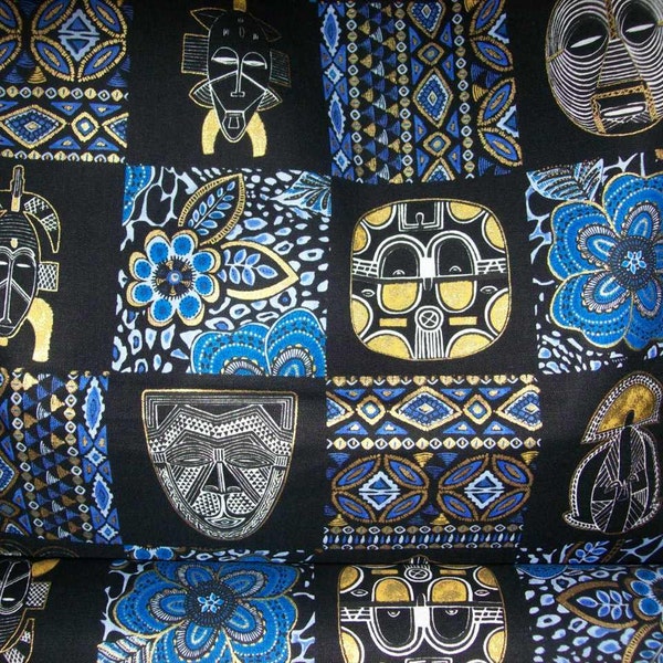 African Mask print metallic tribal print cotton fabric per yard, blue black, gold/ African apparel/ Bags/ Accessories/ Decor