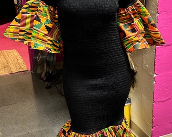 Freesize Black Elastic Mermaid Dress With Kente, Women’s maxi dress, Freesize size African dress Fits Small to XL