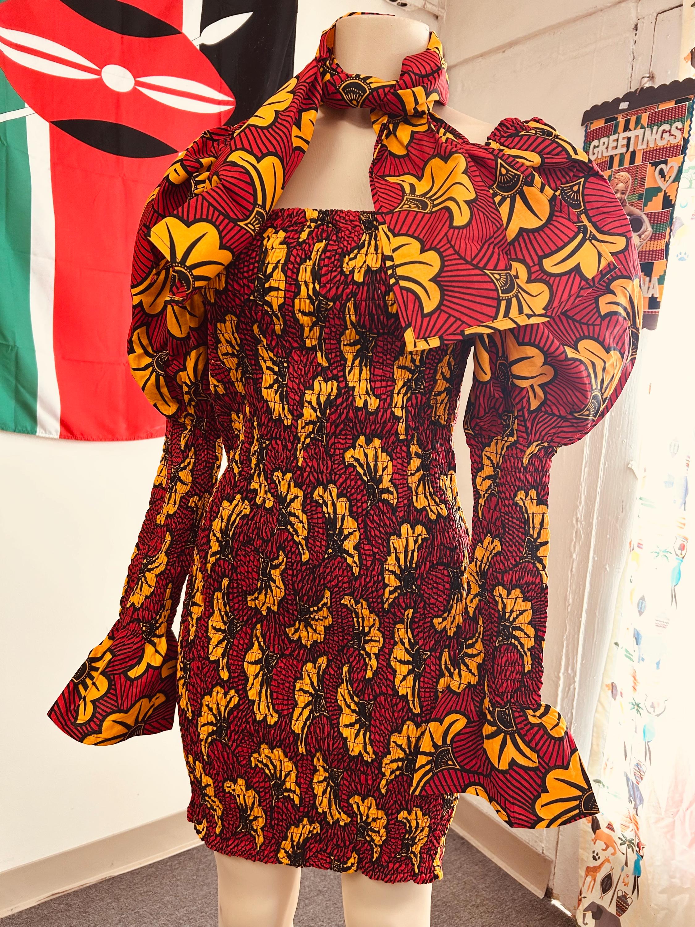 Red floral Print Elastic African dress, Women’s bodycon dress, Freesize size African dress Fits Medium to 2X