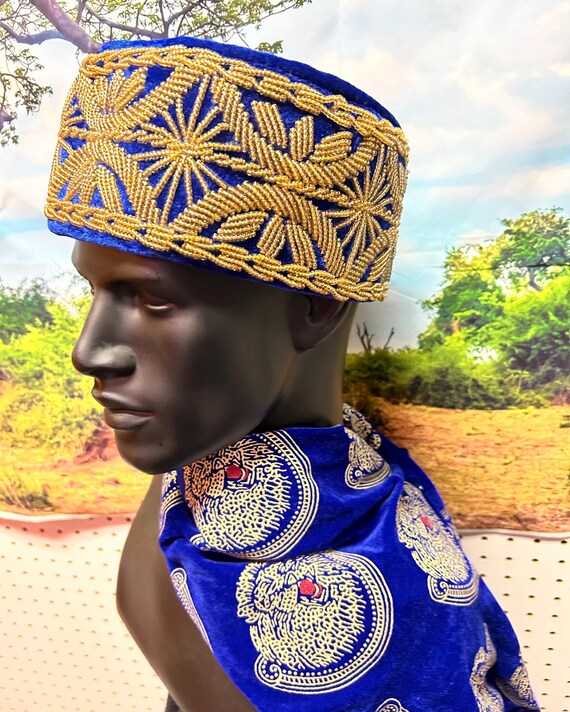 Vintage handmade blue velvet gold leaf sequin beaded traditional square cap hat Beaded Velvet Ozo Cap: Igbo Nigerian Men main image 3