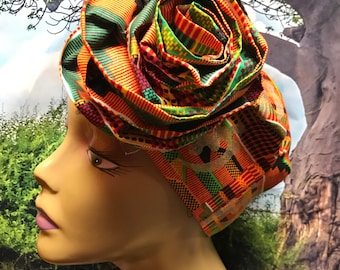 Kente #2 Women’s Kufi L Crown With Rosette African hat/ Kufi African Hat/ African Hats and accessories
