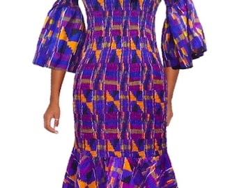 Purple Kente Freesize Elastic African dress, Women’s Mermaid dress, Freesize size African dress Fits Small to 2X