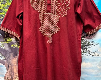 Men’s Burgundy Nigerian Dress Shirt, Wakanda Inspired Shirt, Sizes LG, 2X, XL