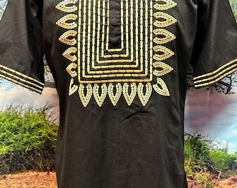 Men’s Black Nigerian Dress Shirt, Wakanda Inspired Shirt, Sizes LG, 2X, XL