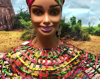 Ghana Capelet and Headwrap, Ghana Mesh Cape, OOAK Statement Necklace Capelet