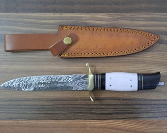 Handmade Damascus Steel Skinning Knife Stained Brass Handle Leather Sheath