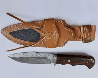 Handmade Damascus Steel Hunting Knife: Walnut & Birchbark Handle, Leather Sheath