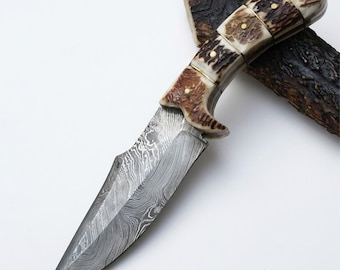 Handmade Damascus Steel Hunting Skinner Full Tang Knife Stag Horn