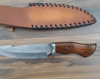 Damascus Steel Bowie Knife: Full Tang Hunting, Camping, Survival with Leather Sheath