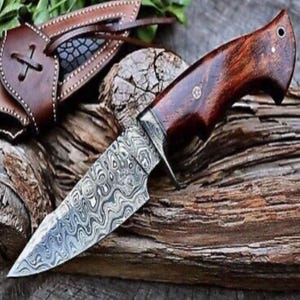 Custom Handmade Damascus Steel Hunting Knife With Leather Sheath
