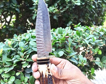 Custom Handmade Damascus Steel Art Hunting Knife with Leather Sheath