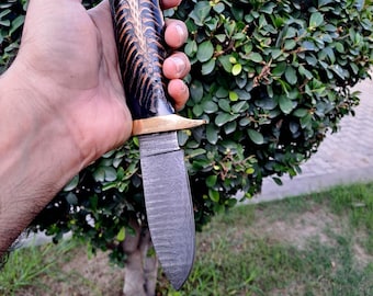 Custom Handmade Damascus Steel Hunting Knife with Leather Sheath