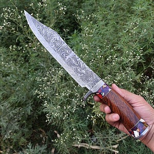 Handmade Bowie Hunting Survival Knife - 9 In Damascus Mosaic Pattern - Unique Gift for Groomsmen - Anniversary Gift for Men