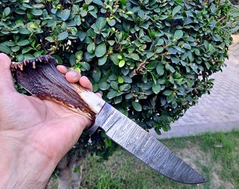 Damascus Steel Custom Handmade Hunting Knife with Leather Sheath
