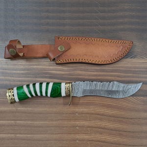 Hand Made Damascus Steel Collectible Bowie Knife & Handle Camel Bone with Pakka Wood (Green)