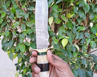 Custom Handmade Damascus Steel Hunting Knife With Leather Sheath