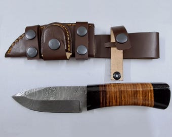 Damascus Steel Hunting Knife with Wood Handle & Leather Sheath
