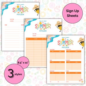 Könnte beinhalten: Drei Stile von Sommer-Potluck-Anmeldeblättern im A4-Format. Jedes Blatt zeigt die Worte "Summer Potluck" in farbenfrohem Text mit einem Strandmotiv-Rand. Ein rosa Kreis zeigt "Sign Up Sheets".