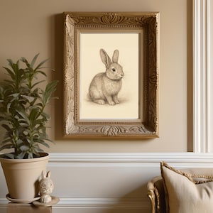 Impresión artística de dibujo a lápiz de conejo vintage, ilustración de naturaleza con fondo crema, arte mural minimalista de animales, descarga digital