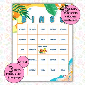 Jogo de Bingo de Verão para Imprimir | 45 Cartões + Cartão de Chamada e Fichas | PDF com Tema de Praia para Crianças, Família, Sala de Aula, Atividade para Festas de Acampamento