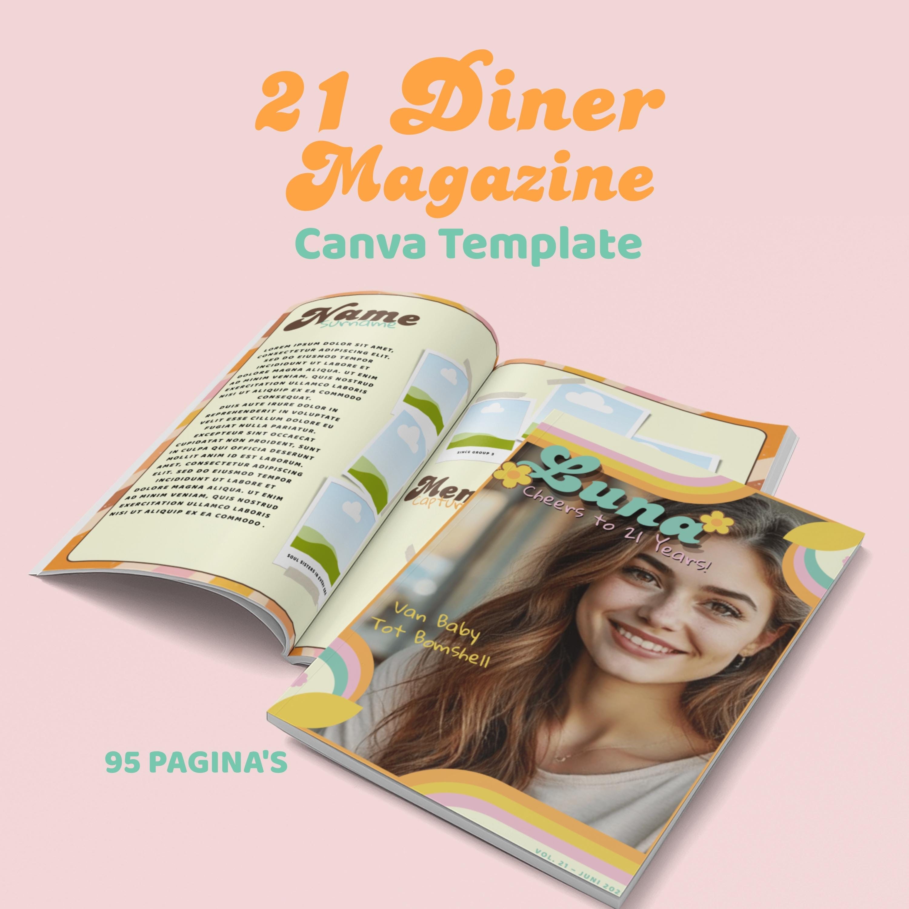 21 Diner Magazine • Customizable Canva Template • 95 Pages • Birthday Book • Birthday Magazine • Book for Girlfriend
