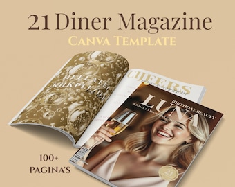 21 Diner Magazine • Aanpasbaar Canva Template Sjabloon • 100+ pagina's • Verjaardagboek • Verjaardagsmagazine • Boek voor vriendin