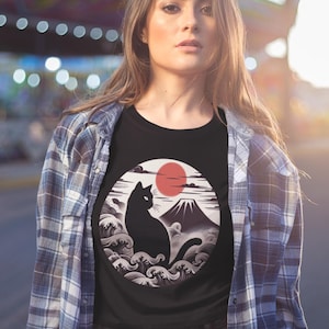 Ukiyo-e Black Cat Shirt – Japanese Art Tee with Mt. Fuji & Red Sun – Aesthetic Japan T-Shirt – Gift for Cat Lovers and Art Fans