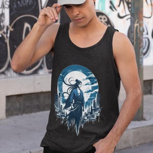 Tsukuyomi Men&#39;s Tank Top – Japanese Moon God in Tokyo – Blue Urban Style – Mythology Streetwear – Cyber Aesthetic