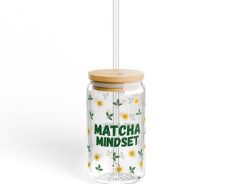Matcha Mindset Drinkglas, 470 ml, Glazen Beker, Esthetische IJs Matcha Beker met Zon & Bladeren, voor Matcha-liefhebbers, Cadeau, Met Rietje