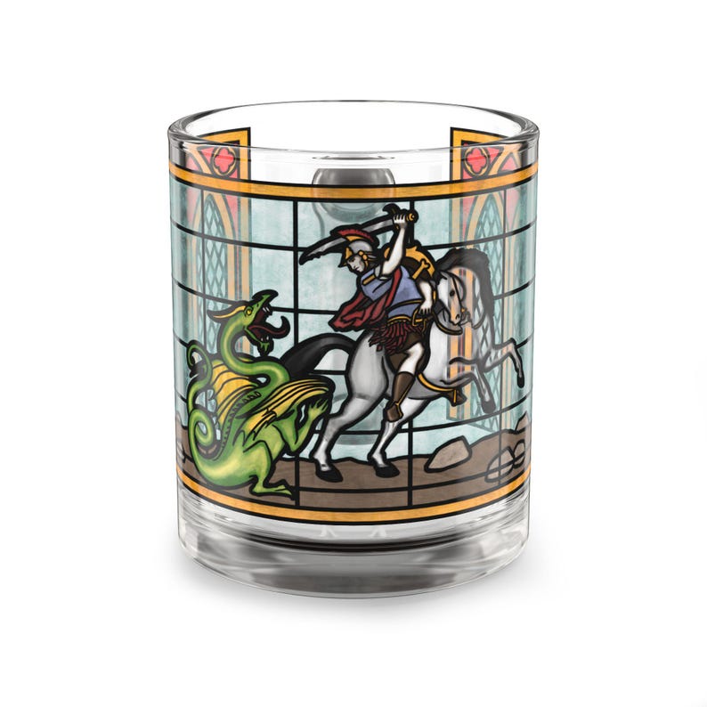 St George and the Dragon Stained Glass Mug | Cathedral Style, Unique, Artistic, Castlecore, Medieval, Catholic Saint, Dark Academia, Gothic image 1