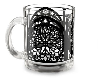 Black Gothic Church Stained Glass Mug | Glassware, Unique Gift for Coffee Connoisseurs, Boho Chic Decor, Dark Academic, Gothic Architecture