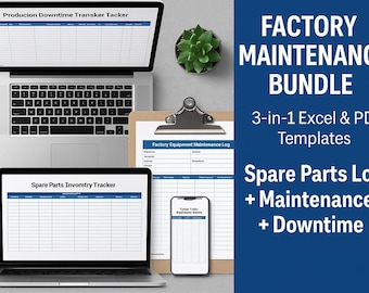 May include: A laptop, a clipboard, and a smartphone display factory maintenance templates. The laptop screens show "Producion Downtime Transker Tacker" and "Spare Parts Invomtry Tracker". The clipboard has "Factory Equipment Maintenance Log" printed on it. A succulent plant sits nearby.