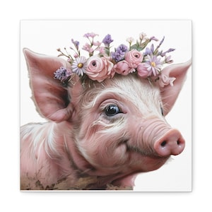 Floral Pig Canvas Art, Whimsical And Cute Wall Decor For Animal Lovers, Perfect For Birthdays, Baby Showers, Nursery Decor