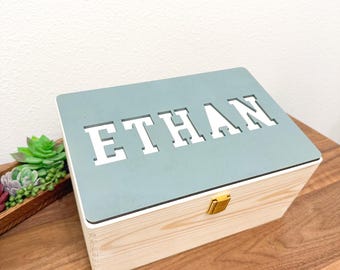 Wooden Name Fabric Keepsake Box | Laser Cut Wooden Box | New Baby Gift Or Christening Gift Or Christmas Eve Box