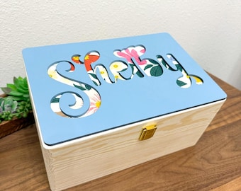 Wooden Name Fabric Keepsake Box | Laser Cut Wooden Box | New Baby Gift Or Christening Gift Or Christmas Eve Box