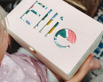 Wooden Name Fabric Keepsake Box | Laser Cut Wooden Box | New Baby Gift Or Christening Gift Or Christmas Eve Box