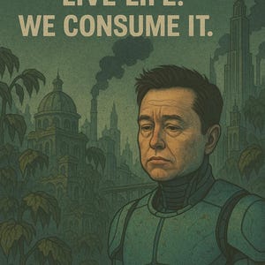 May include: Digital artwork featuring a man in a futuristic suit against a backdrop of a dystopian cityscape. The text "WE NO LONGER LIVE LIFE. WE CONSUME IT." is displayed at the top. The color palette is dominated by greens and grays.