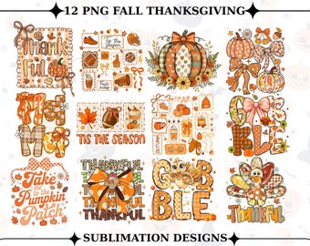 Retro Thanksgiving PNG Bundle, Fall Turkey Pumpkin Designs (Digital Download)