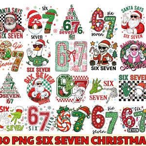 May include: A collection of Christmas-themed graphics featuring the numbers six and seven, Santa Claus, and festive elements. The designs include various styles, colors, and text arrangements, perfect for holiday projects.