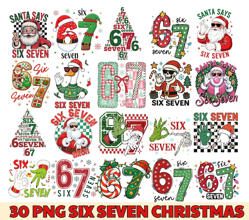 May include: A collection of Christmas-themed graphics featuring the numbers six and seven, Santa Claus, and festive elements. The designs include various styles, colors, and text arrangements, perfect for holiday projects.