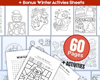 May include: A collection of winter-themed coloring pages and activities. The pages feature various winter elements, including snowmen, mittens, and Christmas trees. The image includes the text "WINTER COLORING" and "DIGITAL DOWNLOAD". A red circle indicates "60 Pages + Activities".