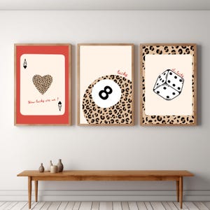 Trendy Cheetah & Lucky 8 Ball Posters | Red Leopard Set of 3 Prints | Preppy Glam Wall Art for Dorm or Home Decor