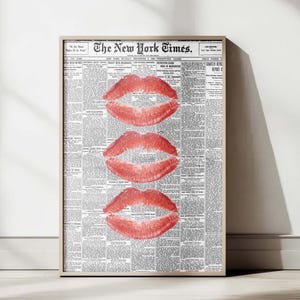 Trendy Newspaper Wall Art Red Kiss Lips Wall Art Aesthetic Room Decor Girly Wall Art Dorm Room Decor Vintage Retro Poster Printable Art