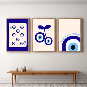 Conjunto de 3 impressões de arte, impressão de parede de mau-olhado, arte de parede espiritual, impressões estéticas de mau-olhado, arte mediterrânea, arte de parede azul