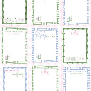 May include: Nine notepads with various designs and text, including "Crack. Dot. Bam," "Mahj O'Clock," and "From the Desk of Savannah Harris." Each notepad features a bamboo or geometric border and a Mahjong tile graphic.