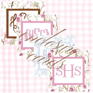 May include: A collection of personalized cards with floral backgrounds and monogrammed initials. The cards feature pink, brown, and blue frames, with the words "exclusive cards" written across them in a cursive font. The background has a pink and white checkered pattern.