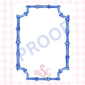 May include: A blue bamboo-style frame with a white center, set against a pink and white gingham background. The frame has a decorative shape and includes the initials "WSG" in pink. The word "PROOF" is faintly visible.